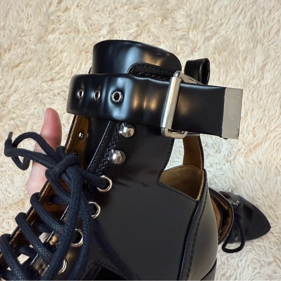 Chloe Rylee Leather Open-Toe Lace Up Booties Black block heel SZ 36 ankle buckle - Picture 13 of 15
